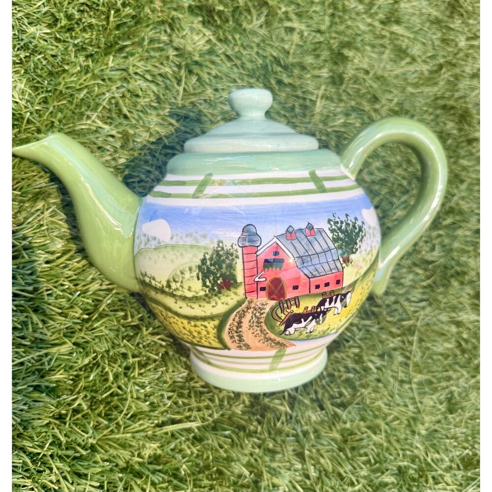 RARE YOUNG'S HEARTFELT KITCHEN CREATION GREEN TEAPOT RED BARN COWS FARMHOUSE
